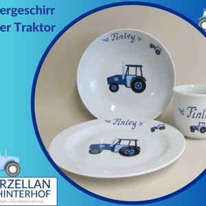 Kindergeschirr aus Porzellan kleiner blauer Traktor mit Namen personalisiert für Kinde, tolles Geschenk für Jungs Geburtstag, Weihnachten Bild 1