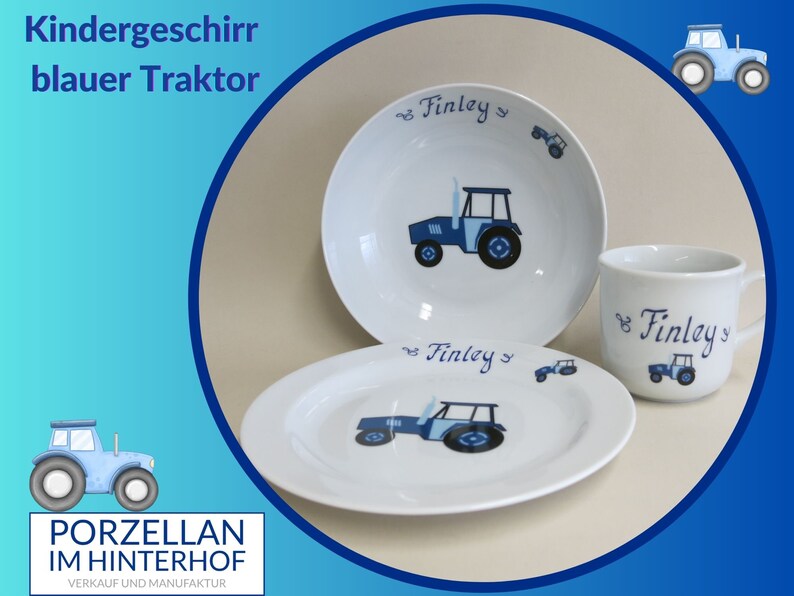 Kindergeschirr aus Porzellan kleiner blauer Traktor mit Namen personalisiert für Kinde, tolles Geschenk für Jungs Geburtstag, Weihnachten Bild 1