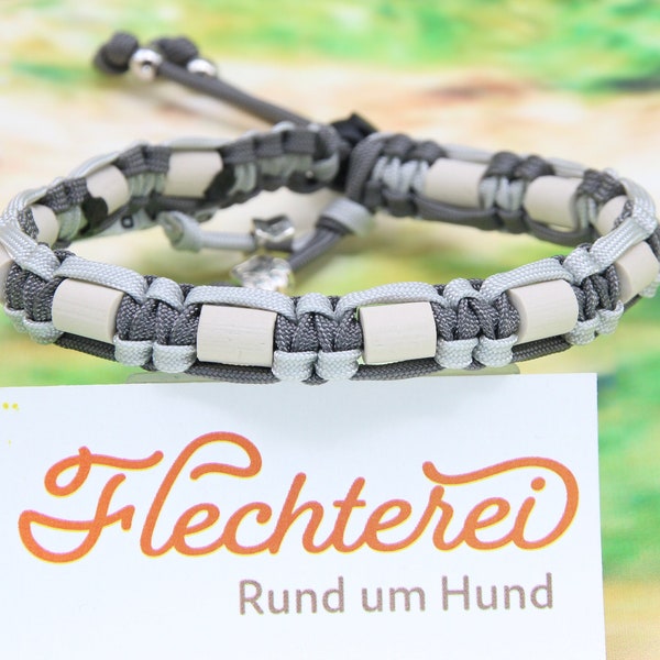 handgefertigtes Zeckenschutz-Halsband grau, ohne Chemie, mit EM Keramik, für den Hund, personalisierbar