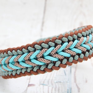 handmade dog collar made of paracord turquoise brown