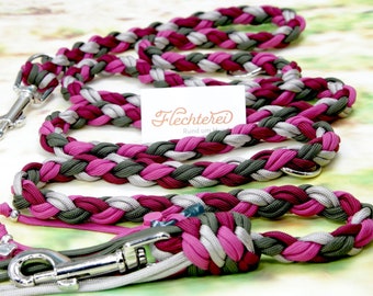 Handgefertigte Hundeleine dunkelrot fuchsia grün taupe aus Paracord - personalisierbar! Mit Kotbeutelhalter!