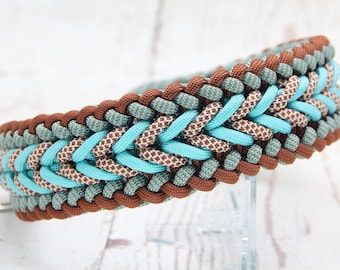 handmade dog collar made of paracord turquoise brown