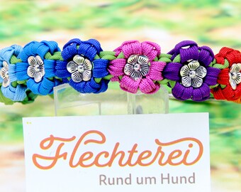 handgeflochtenes Hundehalsband mit Paracord - Blümchen in Regenbogenfarben, personalisierbar