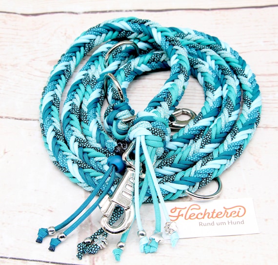 Extra dicke handgeflochtene Hundeleine aus Paracord für große Hunde in türkis mit Gassibeutelspender, personalisierbar