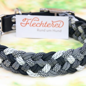 Elegant handmade dog collar made of paracord in black-gray-silver, very soft braiding, lightweight, customizable