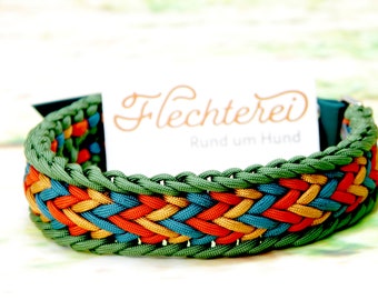 Handmade dog collar made of paracord in green rust golden yellow teal, customizable!