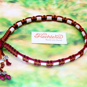 Könnte beinhalten: Burgunderfarbenes und weißes Paracord-Hundehalsband mit goldenen Akzenten und silbernen Stern-Anhängern. Das Halsband ist verstellbar und hat einen sicheren Schnallenverschluss. Das Halsband wird von Flechterei Rund um Hund hergestellt.