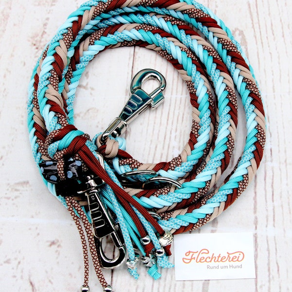 Handmade thick dog leash for large dogs in spring colors turquoise beige brown with poop bag dispenser, customizable