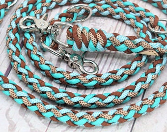 Personalizable, handmade dog leash made of paracord mix turquoise cream mocha with practical dog bag dispenser