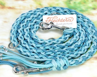 Hand-braided dog leash made of paracord in a beautiful turquoise mix, with dog bag dispenser, customizable