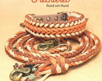 May include: A braided dog collar and leash set in shades of orange, brown, and cream. The set features antique brass-toned metal hardware, including swivel clips and a buckle. The text Flechterei Rund um Hund is visible at the top.