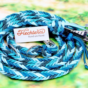 Extra dicke Leine für große Hunde, zwölfsträngig geflochten aus Paracord 550 Typ 3. Handgertigt nach deinen Wünschen, versehen mit einem Kotbeutelhalter, mit dem Namen deines Hundes personalisierbar. Ehältlich bei Etsy über schmuckausköln.