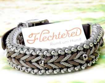 handgefertigtes Hundehalsband aus Paracord   - braun-beige mit Metall-Perlen, individualisierbar!