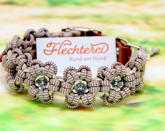 hand-braided dog collar with paracord - flowers in tweed look (brown tones), customizable