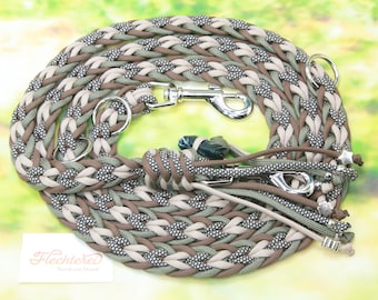 Personalizable, handmade flat dog leash made of paracord mix brown - beige-khaki with practical dog poop bag dispenser