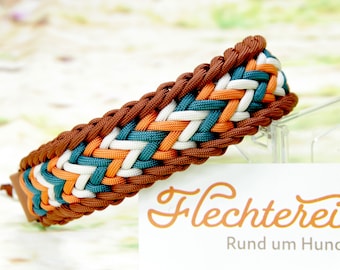 Handmade paracord dog collar in brown-orange-cream-teal, customizable!