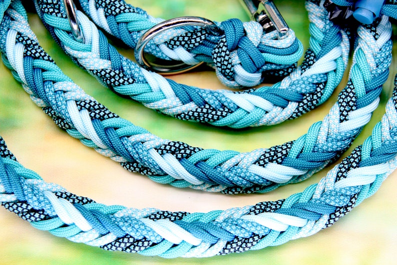 May include: A braided dog leash in shades of blue and white with a silver clasp and ring. The leash is made of paracord and has a woven pattern.