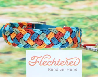 handgefertigtes Hundehalsband aus Paracord - sehr weiche Flechtung - Gelb Orange Türkis Mix - personalisierbar