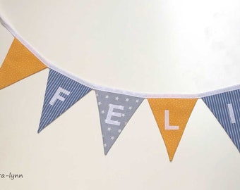 Pennant chain - yellow-jeans-blue-gray personalized with name / children's room decoration