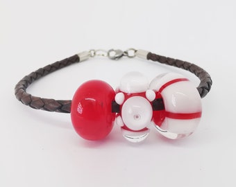 Bracelet leather glass beads Murano glass red white