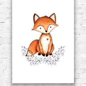 May include: A watercolor illustration of a fox with orange fur, sitting upright. The fox has a white chest and a small red heart. It is surrounded by a decorative floral design in shades of purple and green. The artwork is displayed on a white poster.