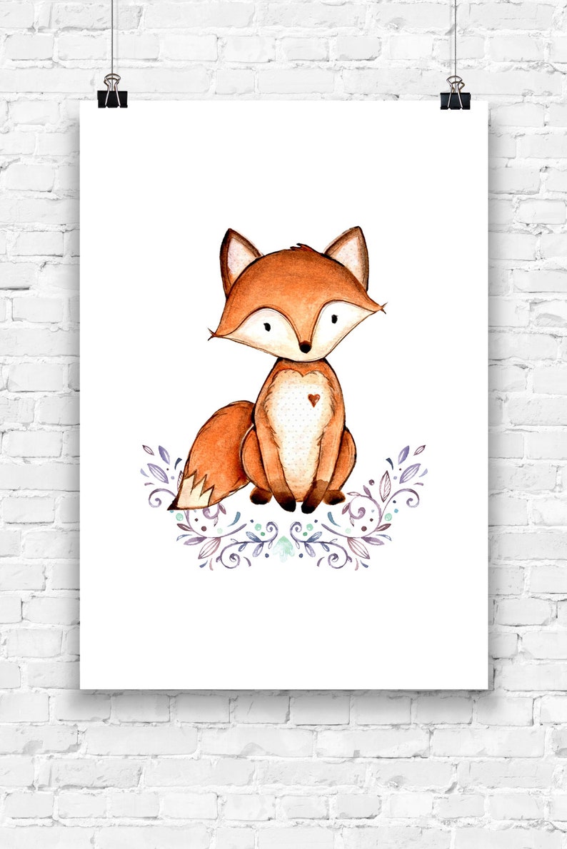 May include: A watercolor illustration of a fox with orange fur, sitting upright. The fox has a white chest and a small red heart. It is surrounded by a decorative floral design in shades of purple and green. The artwork is displayed on a white poster.