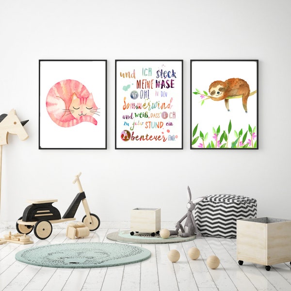 3er Set Bilder Kinderzimmer Kinderposter Spruch Sommerwind Tierbaby Faultier Katze Faultier