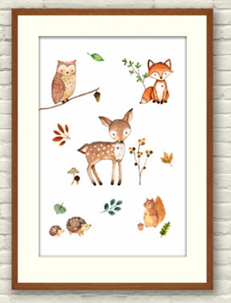 Print Waldtiere Fuchs Reh Eule Tierbabys Poster Kinderzimmer Bild 1