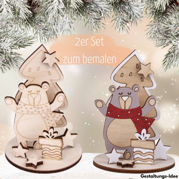 Bastelset Kinder Weihnachten Winter Holz Bär DIY 2er Set