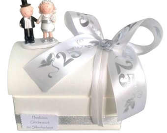 Silver wedding gift voucher money box for the silver wedding with a silver couple