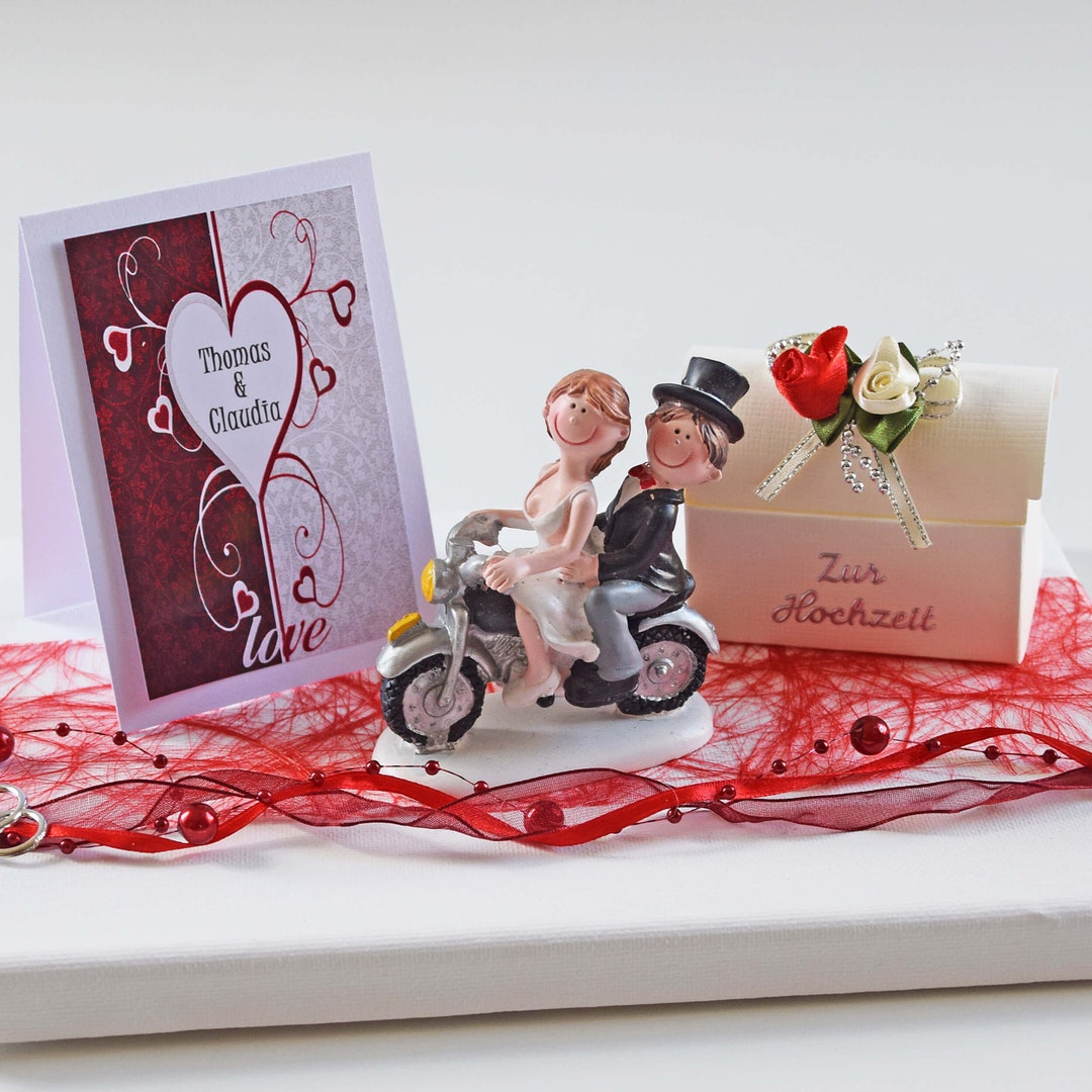 Geld Geschenk zur Hochzeit mit Brautpaar auf Motorrad und Karte