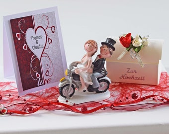 Money gift for wedding with bride and groom on motorcycle and card personalized