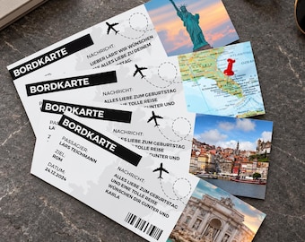 May include: A stack of four white boarding pass cards featuring the text BORDKARTE, airplane icons with dashed flight paths, and a barcode. Each card displays a different travel destination image, including the Statue of Liberty and a map.