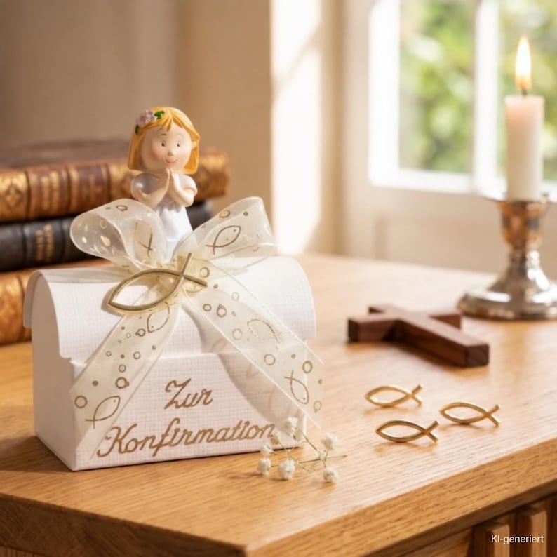 May include: A white gift box with the text Zur Konfirmation in gold script, topped with a small figurine of a child with blonde hair and hands clasped in prayer. The box is decorated with a translucent ribbon featuring gold fish outlines.
