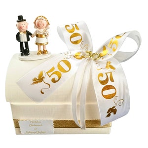 Geschenk zur goldenen Hochzeit Geschenkbox mit Goldpaar für Geld oder Gutschein Nein