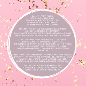 May include: Pink background with gold confetti. Text in black font explains that orders are processed and shipped the next business day.  Express processing is available for an additional fee.  If express processing is sold out, the text states that they are out of capacity.