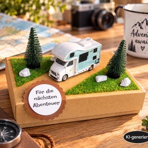 Könnte beinhalten: Eine rechteckige Geschenkbox aus Karton mit einem Miniatur-Wohnmobil in Weiß und Hellblau, zwei kleinen künstlichen Tannen und weißen Kieselsteinen auf einer grasartigen Oberfläche. Ein rundes Etikett trägt die Aufschrift "Für die nächsten Abenteuer."