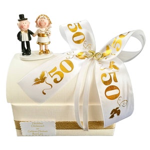 Geschenk zur goldenen Hochzeit Geschenkbox mit Goldpaar für Geld oder Gutschein Ja