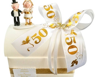 Geschenk zur goldenen Hochzeit Geschenkbox mit Goldpaar für Geld oder Gutschein