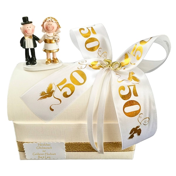 Geschenk zur goldenen Hochzeit Geschenkbox mit Goldpaar für Geld oder Gutschein