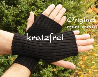 Pulswärmer für Männer, schwarz Merino, mit Daumenloch, Touchscreen Handschuhe, gerippt, Armstulpen, Joggen, kratzfrei, gestrickt, Gothic,