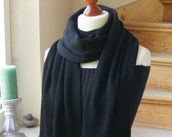 Fine 100% Merino scarf, cuddly soft long wool scarf, winter scarf, ribbed, knitted, women's men's oversized scarf, scratch-free, black