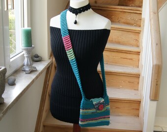 Crossbody bag boho style, upcycling unique handmade, shoulder bag, retro style, crocheted wool, turquoise colorful stripes