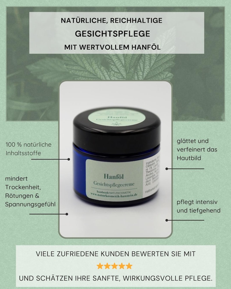 Hemp Oil Cream Natural Cosmetics | Day & Night Cream without Perfume | Rich Moisturizing Cream and Anti-Aging Care for Sensitive Skin image 2