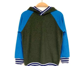 Maglione per bambini taglia 110 felpa con cappuccio upcycling in cashmere seta lana merino blu verde