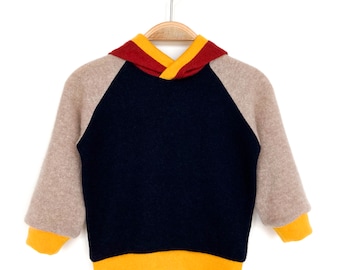Hooded sweater made of 100% cashmere 80/86 dark blue beige brick red corn yellow upcycled cashmere sweater with hood for children