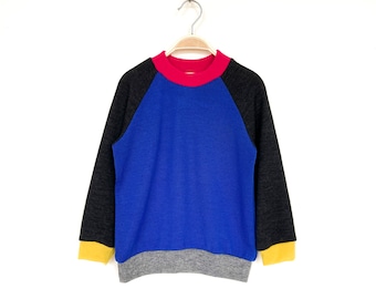 Color block sweater size 110 royal blue/anthracite upcycling children's sweater made of merino wool