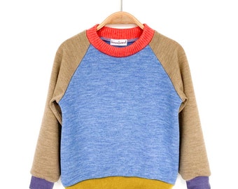 Wollpullover 104/110 hellblau/beige Upcycling Kinderpullover aus Merinowolle