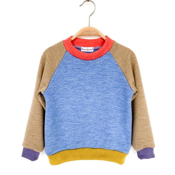 Wollpullover 104/110 hellblau/beige Upcycling Kinderpullover aus Merinowolle