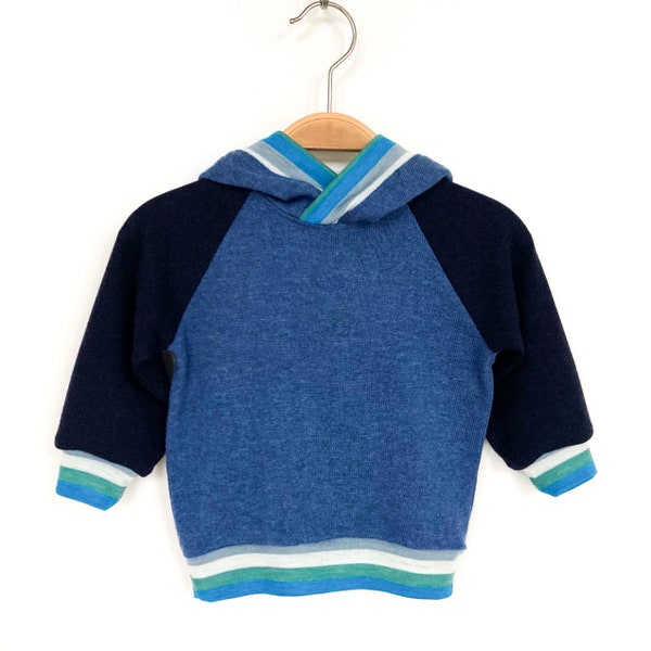 Kapuzenpullover Größe 74/80 Wolle Kaschmir Seide blau Upcycling Babypullover